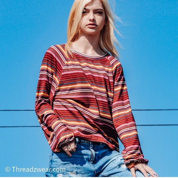 Striped Lantern Sleeve Top - Picture 2 of 6